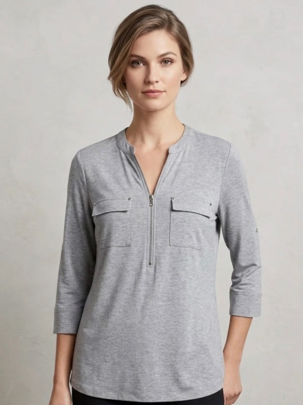 Calvin Klein Modern Essential Gray Utility Zip Henley Blouse Top M Quiet Luxury
